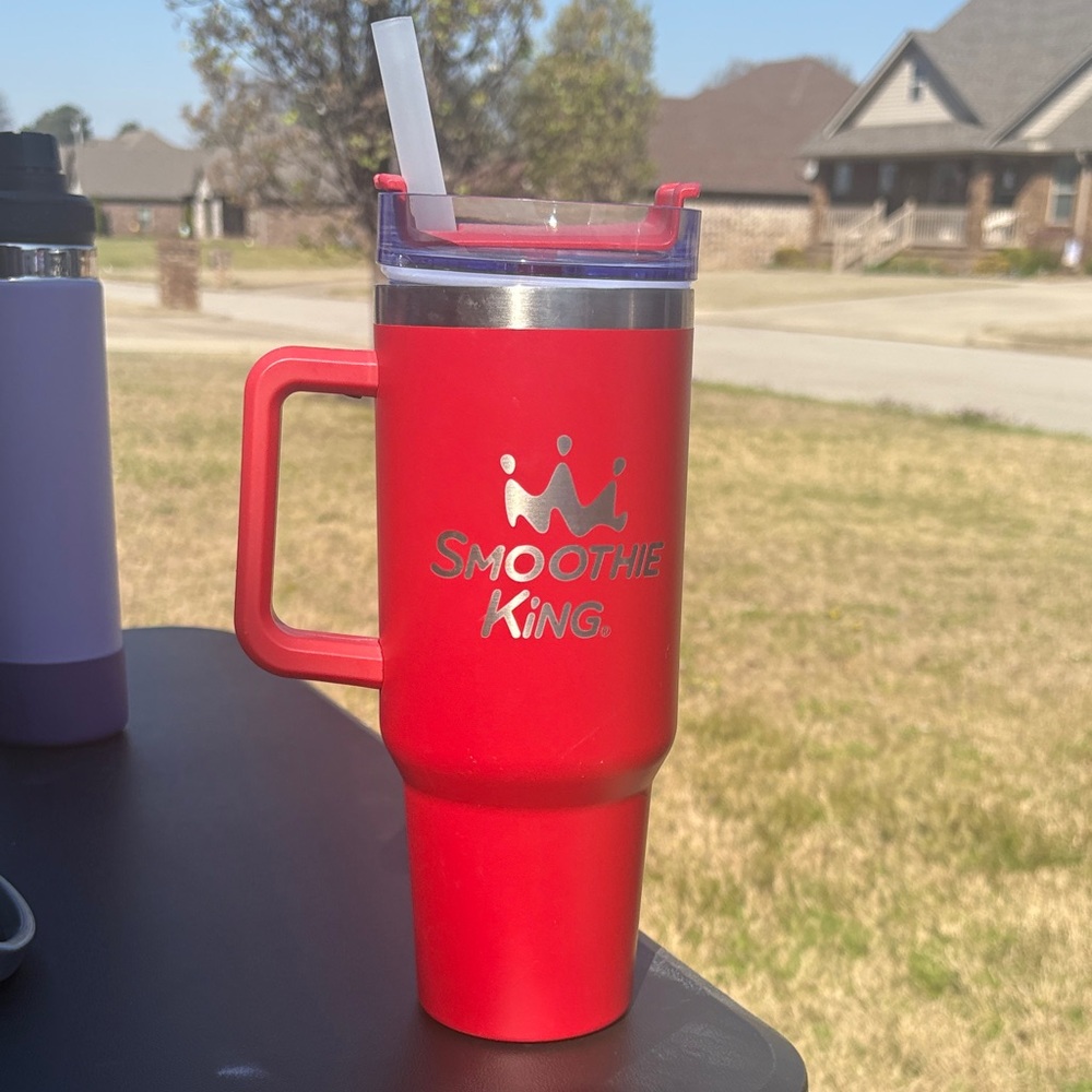 Red Insulated Travel Tumbler with Handle and Straw